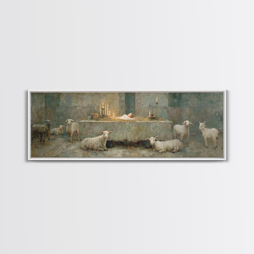 Quiet Stable Glory – Framed Canvas Print – Panoramic Art – Christian Wall Art – Christmas Wall Art – Christian Art Canvas – Vintage Christi