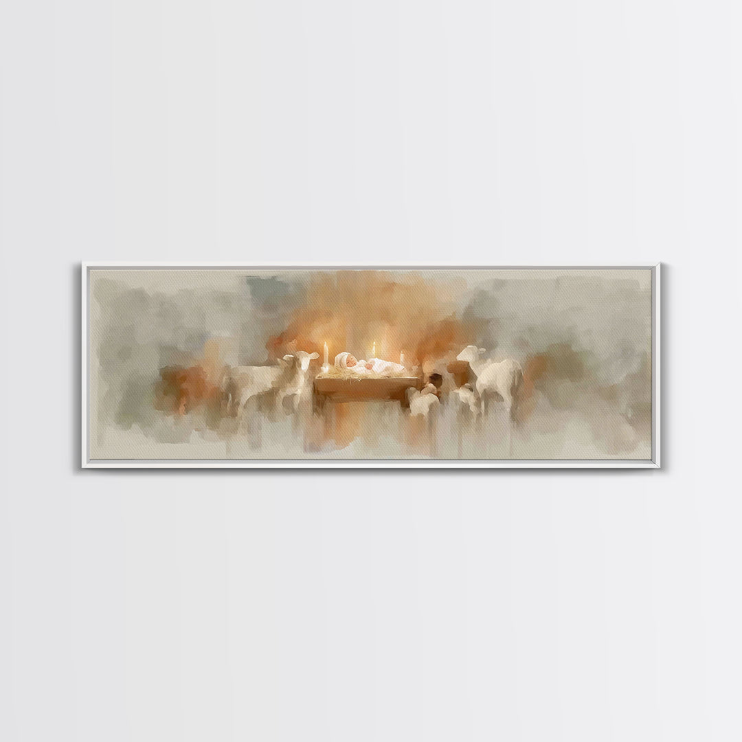 Soft Manger Glow | Framed Canvas Print | Christmas Art | Christian Art Canvas | Panoramic Painting | Christian Wall Art | Christian Christm