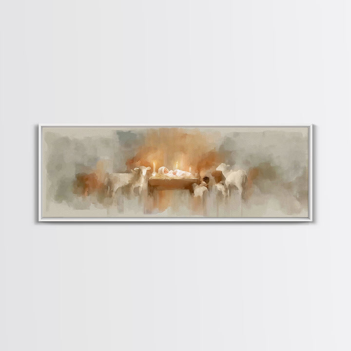 Soft Manger Glow | Framed Canvas Print | Christmas Art | Christian Art Canvas | Panoramic Painting | Christian Wall Art | Christian Christm