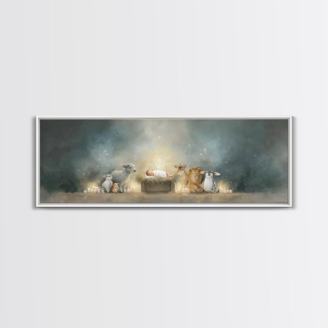 Starry Cradle Light, Framed Canvas Print, Christian Christmas Art, Christian Art Canvas, Panoramic Art, Christmas Wall Art, Christian Art