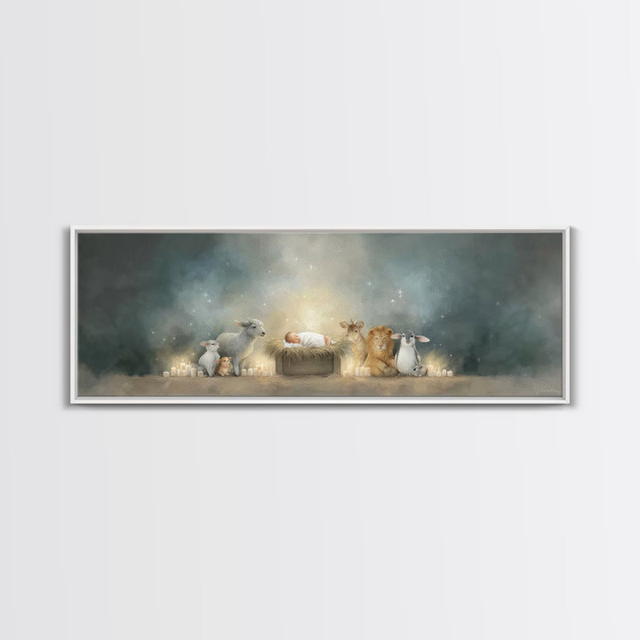 Starry Cradle Light, Framed Canvas Print, Christian Christmas Art, Christian Art Canvas, Panoramic Art, Christmas Wall Art, Christian Art