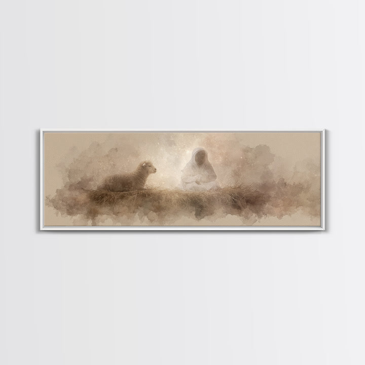 Starry Manger Glow | Framed Canvas Print | Christian Christmas Art | Christian Art Canvas | Jesus Painting | Panoramic Wall Art