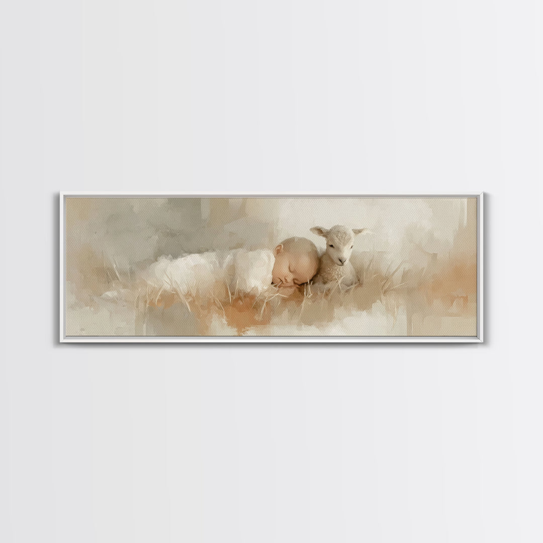 Divine Meadow Calm, Framed Canvas Print, Christian Art, Christian Christmas Decor, Jesus Painting Canvas, Panoramic Painting, Unique Christ