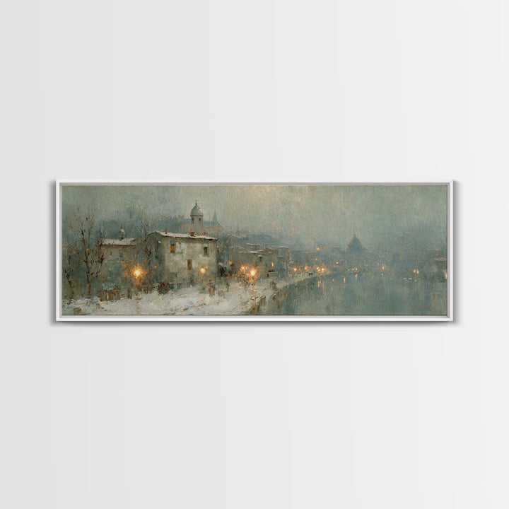 Winter Chapel Glow | Framed Canvas Print | Christian Art | Christian Christmas Art | Christian Art Canvas | Panoramic Wall Art | Christian