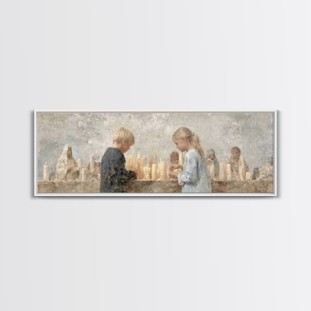 Little Lights Gathered | Framed Canvas Print | Christian Art Print | Christmas Wall Art | Panoramic Art | Christian Art Canvas | Christmas