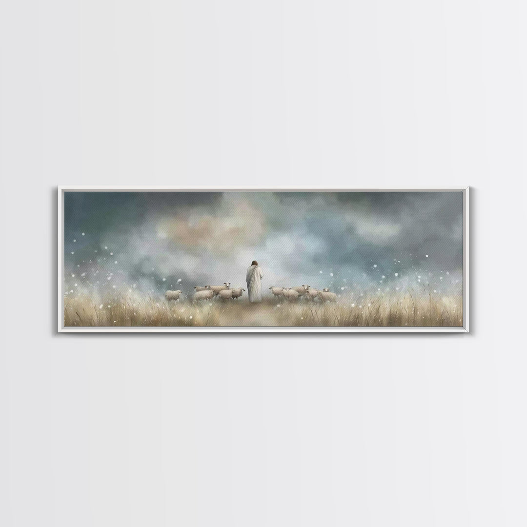 Pastoral Shepherd Light, Framed Canvas Print, Jesus Painting, Christian Wall Art, Panoramic Art, Christian Art Canvas, Christian Decoration
