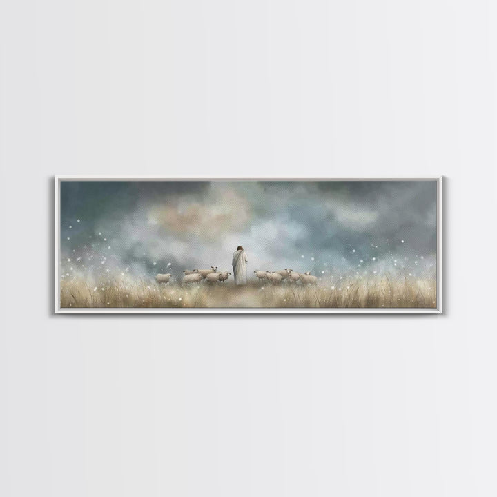 Pastoral Shepherd Light, Framed Canvas Print, Jesus Painting, Christian Wall Art, Panoramic Art, Christian Art Canvas, Christian Decoration
