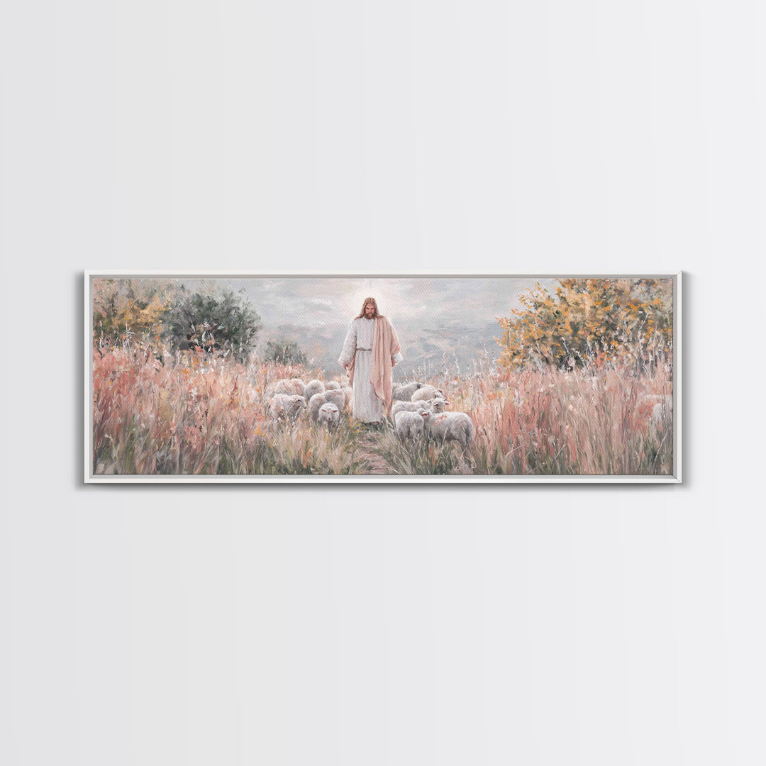 Shepherd Of Mercy – Framed Canvas Print – Jesus Art Print – Christian Wall Art – Panoramic Wall Art – Large Christian Art – Christian Paint