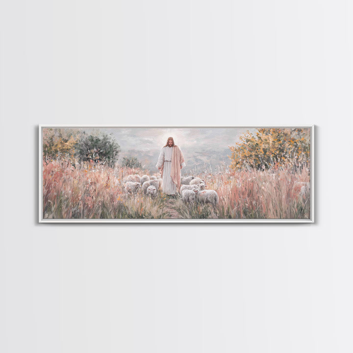 Shepherd Of Mercy – Framed Canvas Print – Jesus Art Print – Christian Wall Art – Panoramic Wall Art – Large Christian Art – Christian Paint