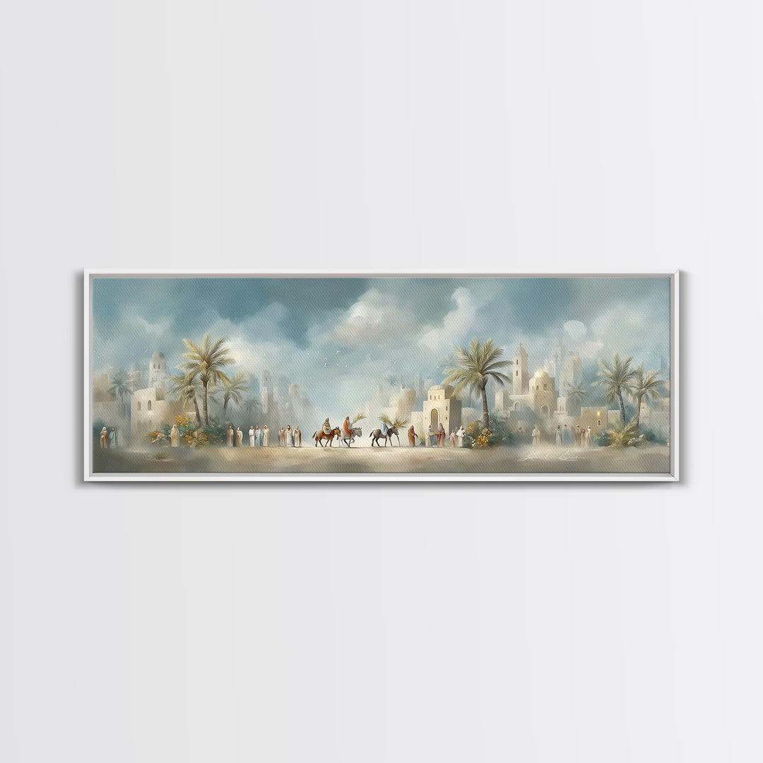 Desert Palm Caravan, Framed Canvas Print, Christian Art Canvas, Panoramic Art, Jesus Wall Art, Christian Decor, Christmas Canvas Wall Art