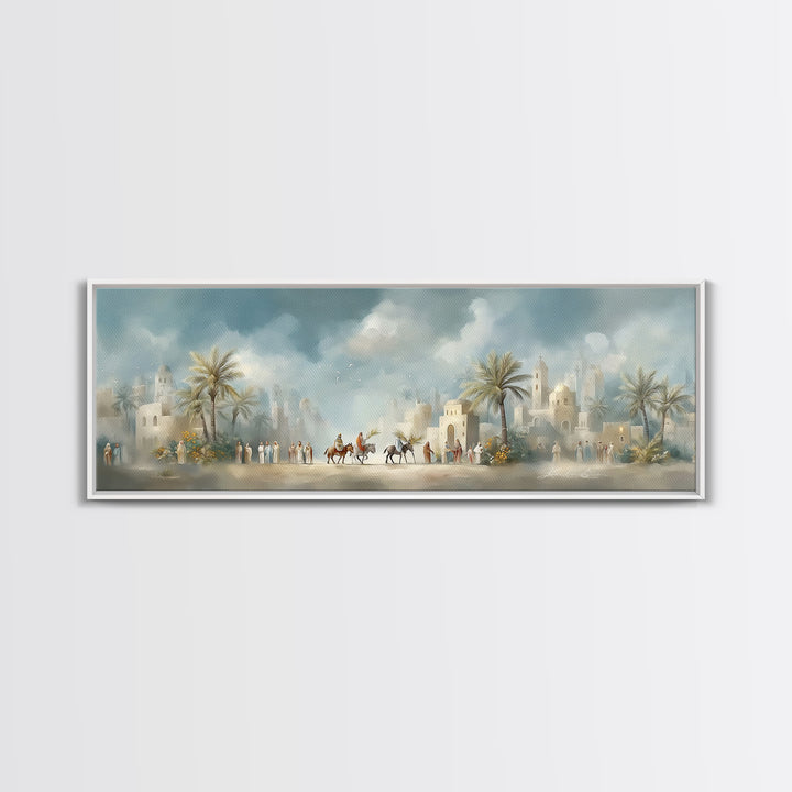 Desert Palm Caravan, Framed Canvas Print, Christian Art Canvas, Panoramic Art, Jesus Wall Art, Christian Decor, Christmas Canvas Wall Art
