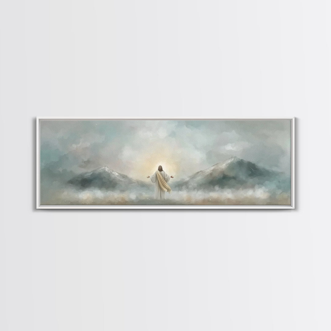 Radiant Summit Grace – Framed Canvas Print – Panoramic Art – Christian Wall Art – Jesus Painting – Christian Art Canvas