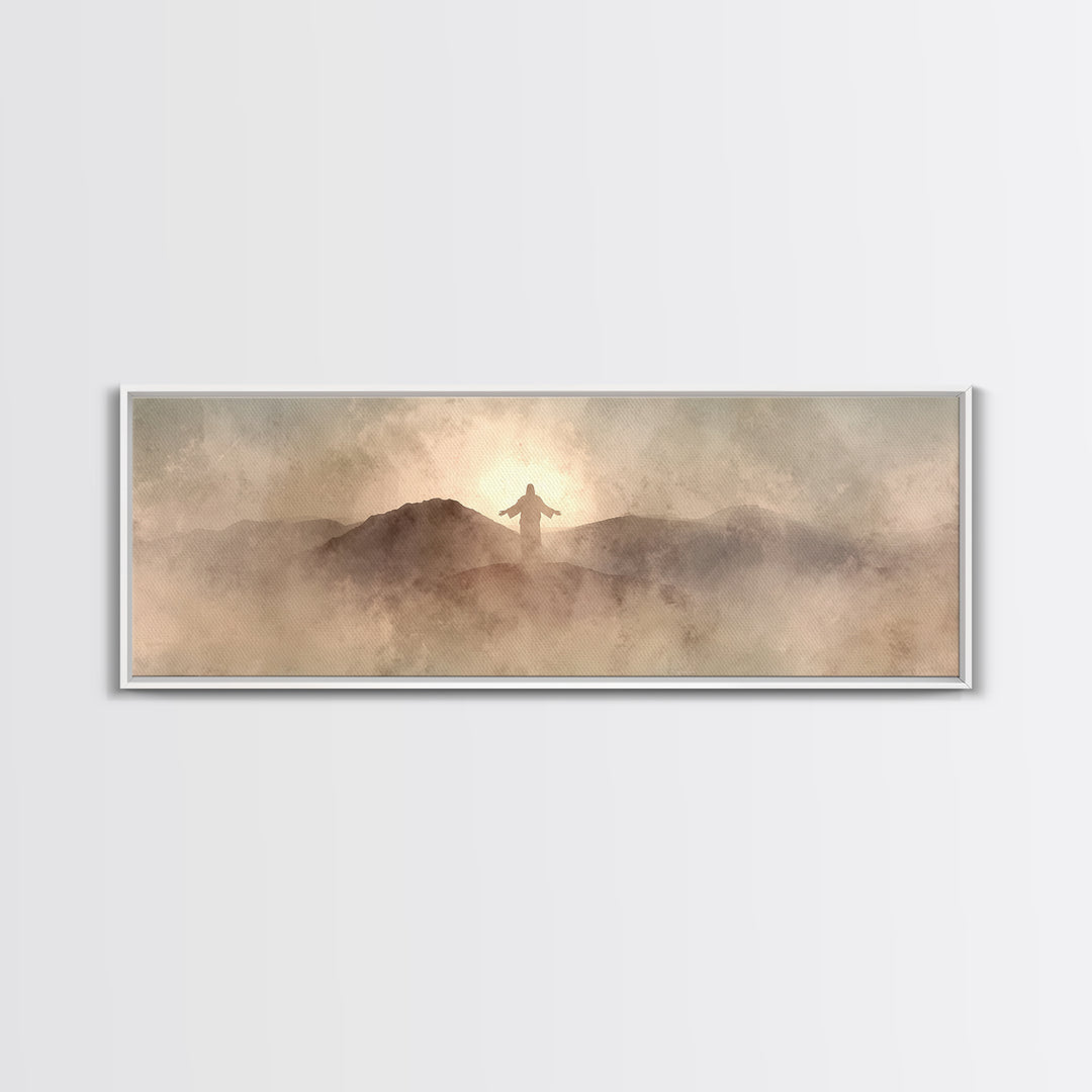Dawn On Holy Heights, Framed Canvas Print, Panoramic Wall Art, Christian Art Canvas, Jesus Painting, Christian Art