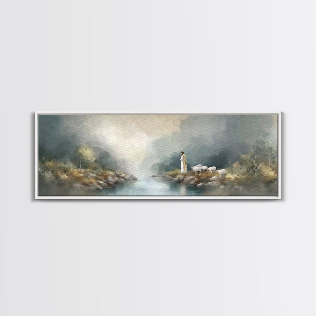 Shepherd's Quiet Path – Framed Canvas Print – Panoramic Frame – Jesus Painting – Christian Art Canvas – Christian Wall Art