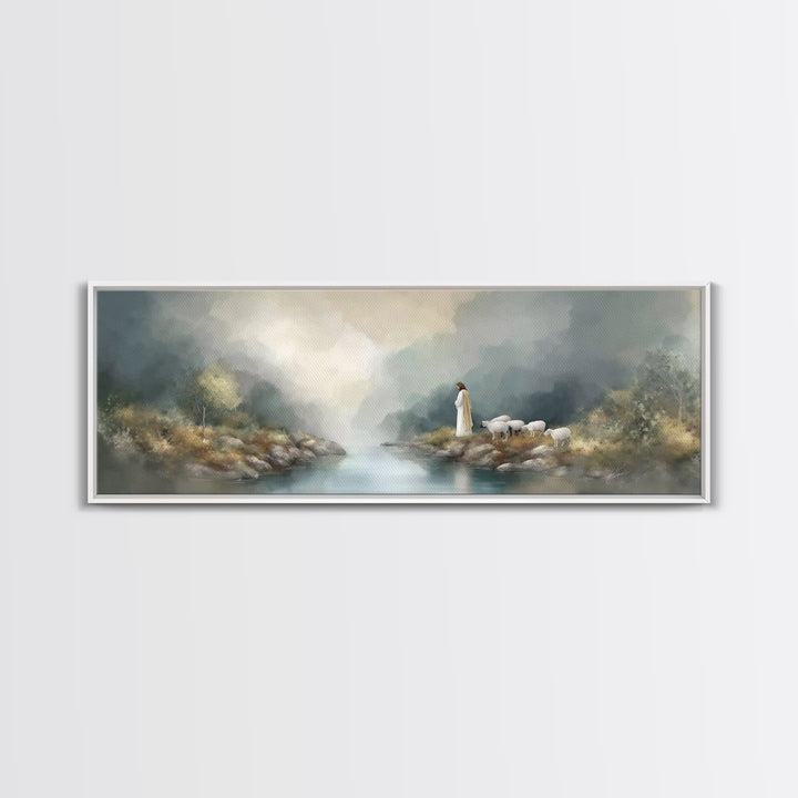 Shepherd's Quiet Path – Framed Canvas Print – Panoramic Frame – Jesus Painting – Christian Art Canvas – Christian Wall Art