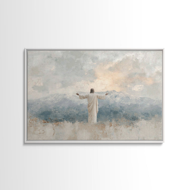 Mountain Dawn Savior – Framed Canvas Print – Christian Wall Art – Subtle Christian Art – Jesus Painting – Christian Art Canvas – Christian