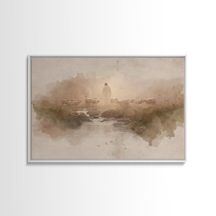 Golden Pastures Guide – Framed Canvas Print – Christian Wall Art – Jesus Painting – Christian Art Canvas – Pastoral Scenery – Christian Gif