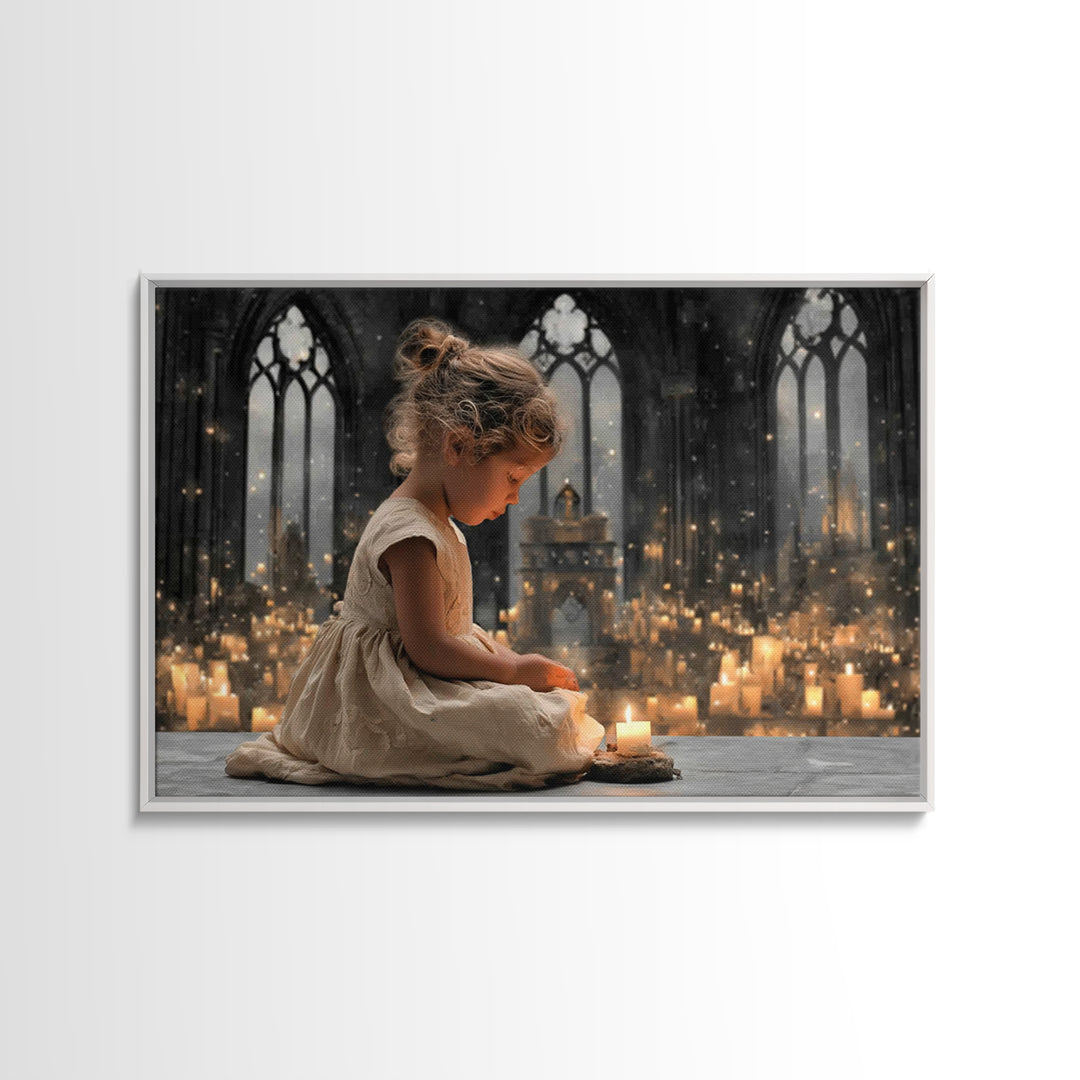 Cathedral Candle Prayer – Framed Canvas Print – Christian Art Canvas – Christian Wall Art – Moody Christian Art – Christian Christmas Art