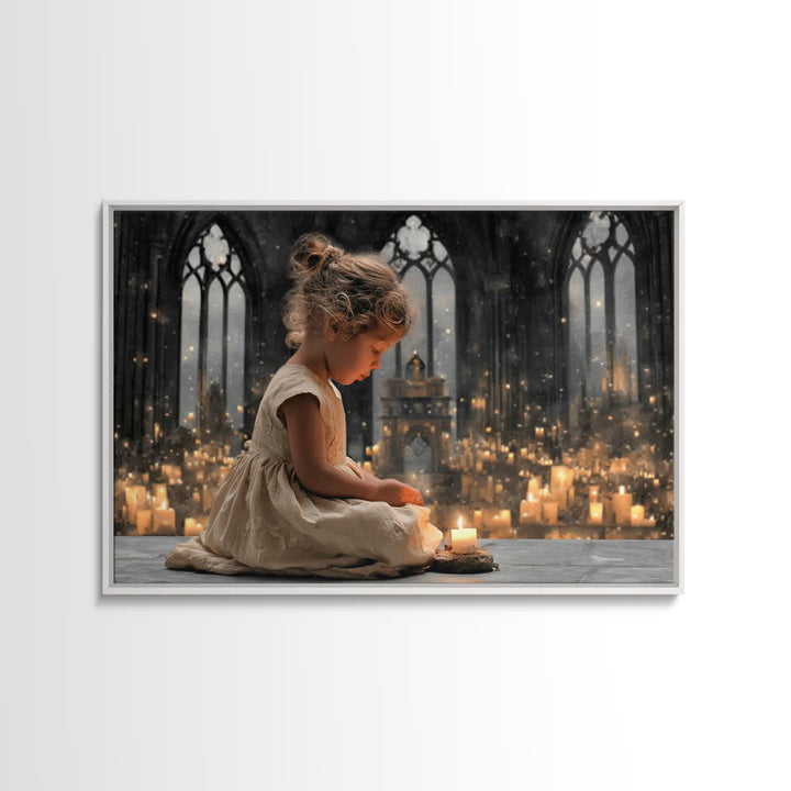 Cathedral Candle Prayer – Framed Canvas Print – Christian Art Canvas – Christian Wall Art – Moody Christian Art – Christian Christmas Art