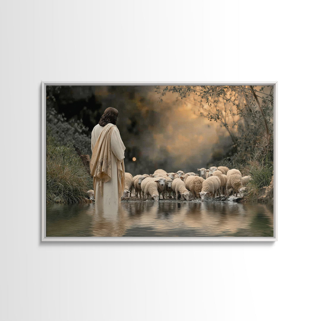 Evening Shepherd Calm – Framed Canvas Print – Christian Wall Art – Jesus Painting – Christian Art Canvas – Moody Christian Art – Christian
