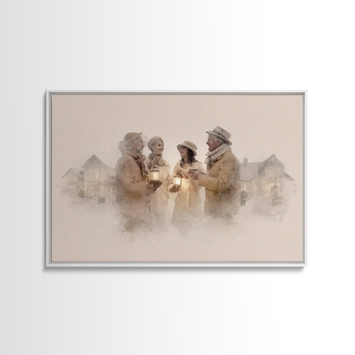 Lantern Gathering | Framed Canvas Print | Christmas Wall Art | Christian Christmas Art | Christmas Art Canvas | Retro Christmas Art | Holid