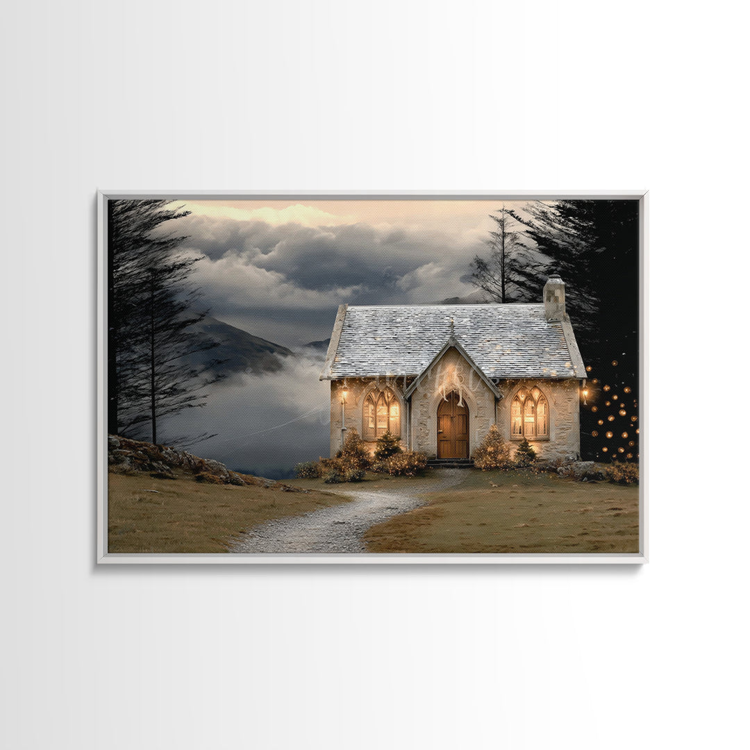 Mountain Chapel Light – Framed Canvas Print – Christian Wall Art – Christian Art Canvas – Christmas Art – Christian Christmas Art – Holiday