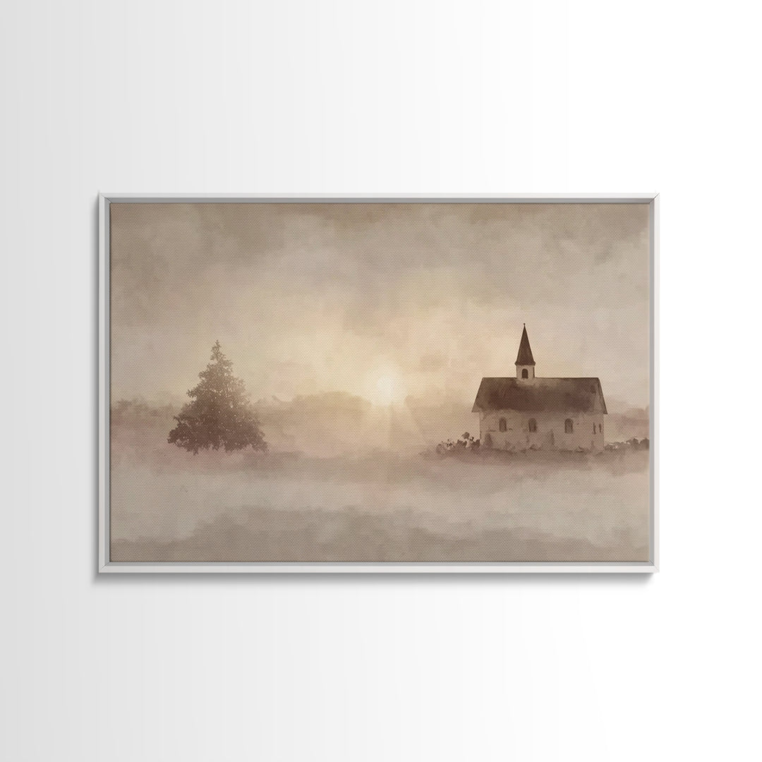 Misty Chapel Dawn – Framed Canvas Print – Christian Wall Art – Christian Art Canvas – Christian Painting – Modern Christian Painting – Chri