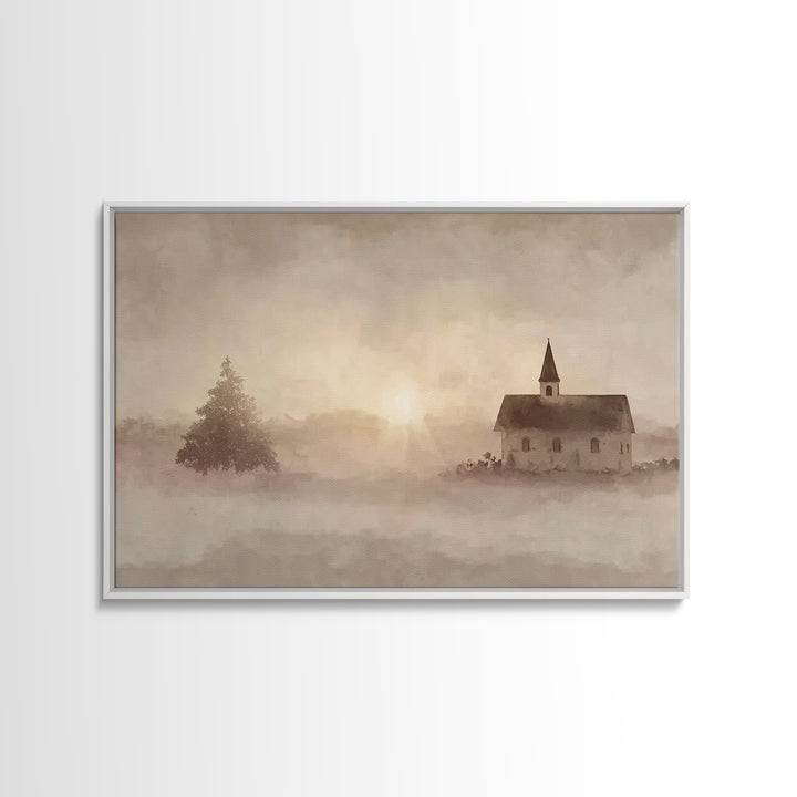 Misty Chapel Dawn – Framed Canvas Print – Christian Wall Art – Christian Art Canvas – Christian Painting – Modern Christian Painting – Chri