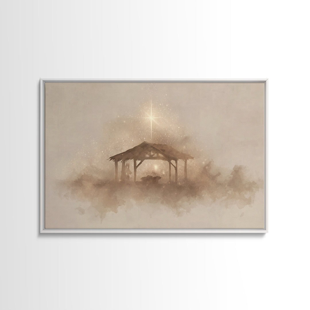 Starlit Manger – Framed Canvas Print – Christmas Art – Christian Christmas Art – Christian Art Canvas – Christian Decor – Christian Wall Ar