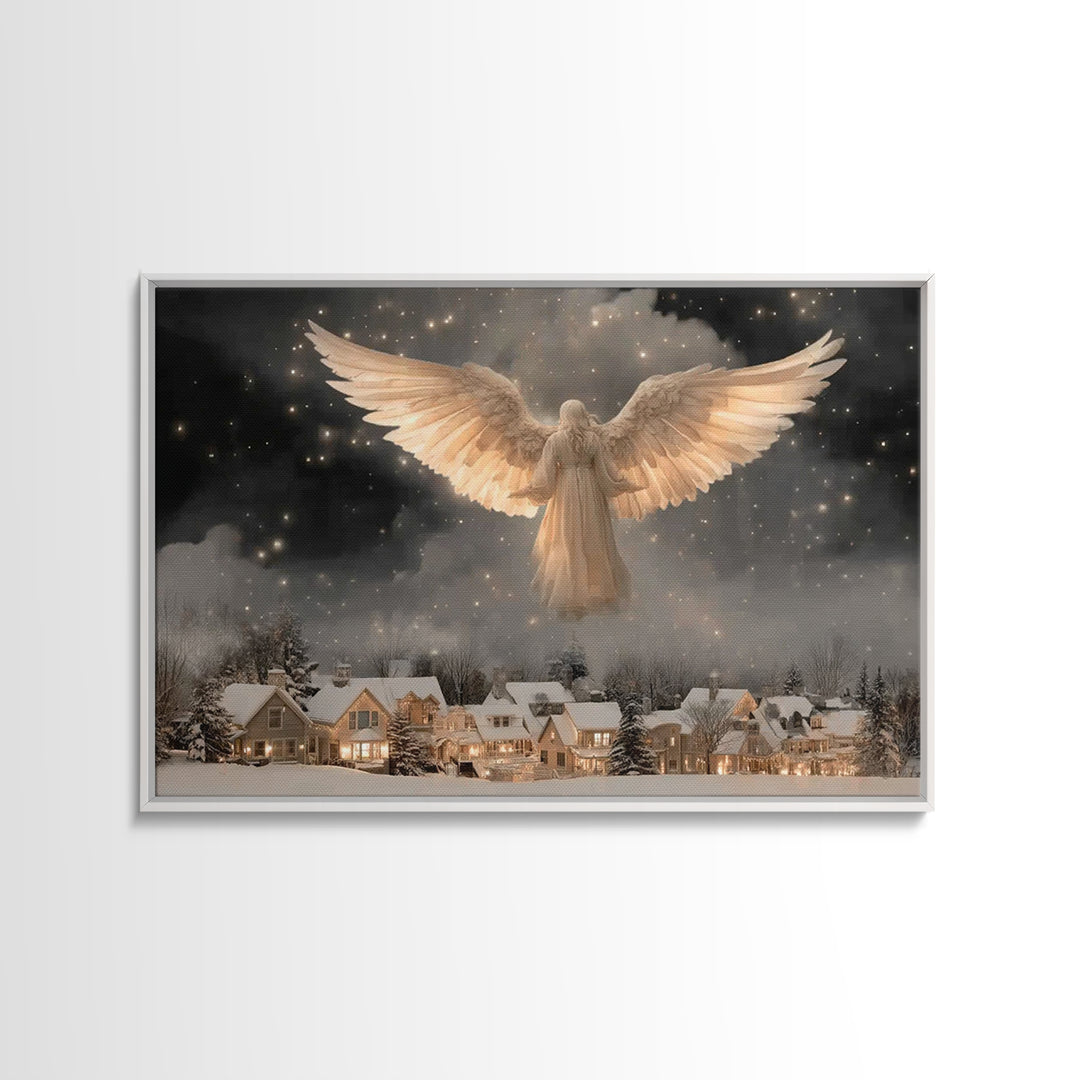 Heavenly Night Watch – Framed Canvas Print – Christmas Wall Art – Christian Art Print – Moody Christmas Art – Christian Decor