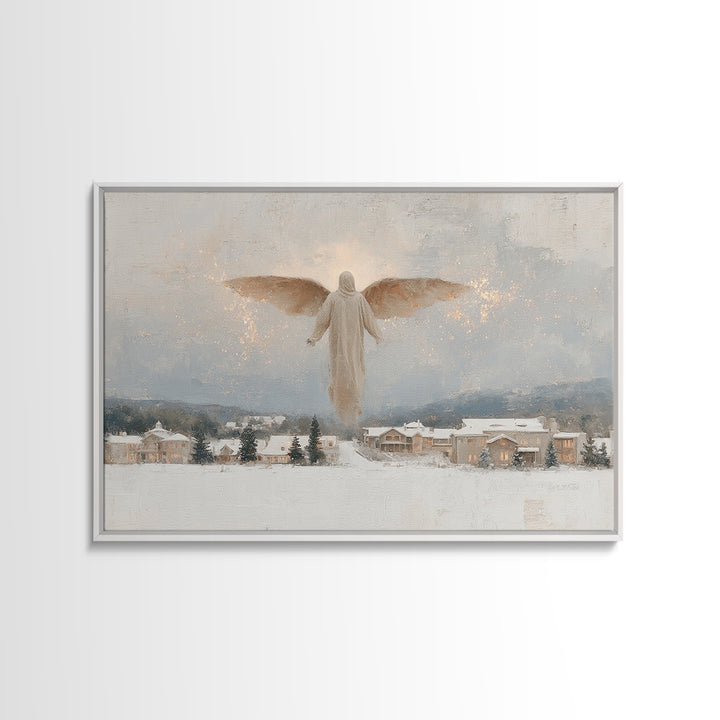 Snowfall Guardian – Framed Canvas Print – Christian Art Canvas – Christmas Art Prints – Vintage Christmas Art – Christian Wall Art
