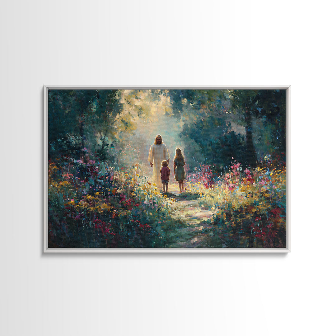 Garden Light Walk, Framed Canvas Print, Christian Art Canvas, Jesus Painting, Christian Wall Art, Christian Gift Ideas