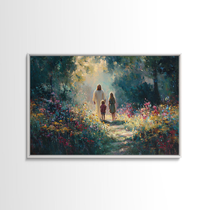 Garden Light Walk, Framed Canvas Print, Christian Art Canvas, Jesus Painting, Christian Wall Art, Christian Gift Ideas