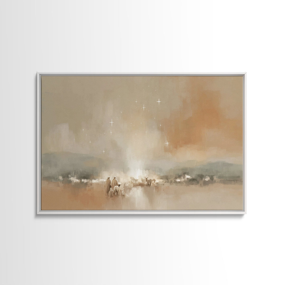 Shepherds of Light, Framed Canvas Print, Christmas Art Prints, Christian Christmas, Pastoral Scenery, Christian Art Canvas, Christian Decor