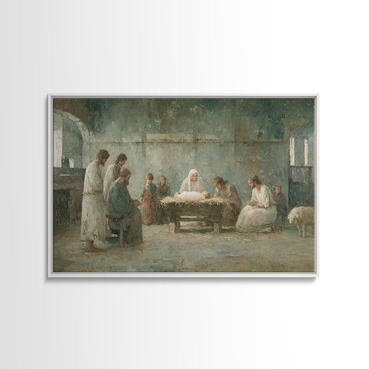Holy Night Gathering – Framed Canvas Print – Christian Wall Art – Christian Art Canvas – Birth Of Jesus Painting – Christian Christmas Art