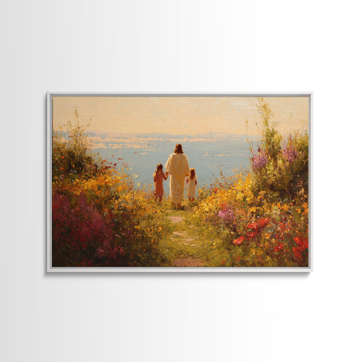 Golden Blossom Walk | Framed Canvas Print | Christian Wall Art | Jesus Painting | Christian Art Work | Bright Christian Art | Christian Chr