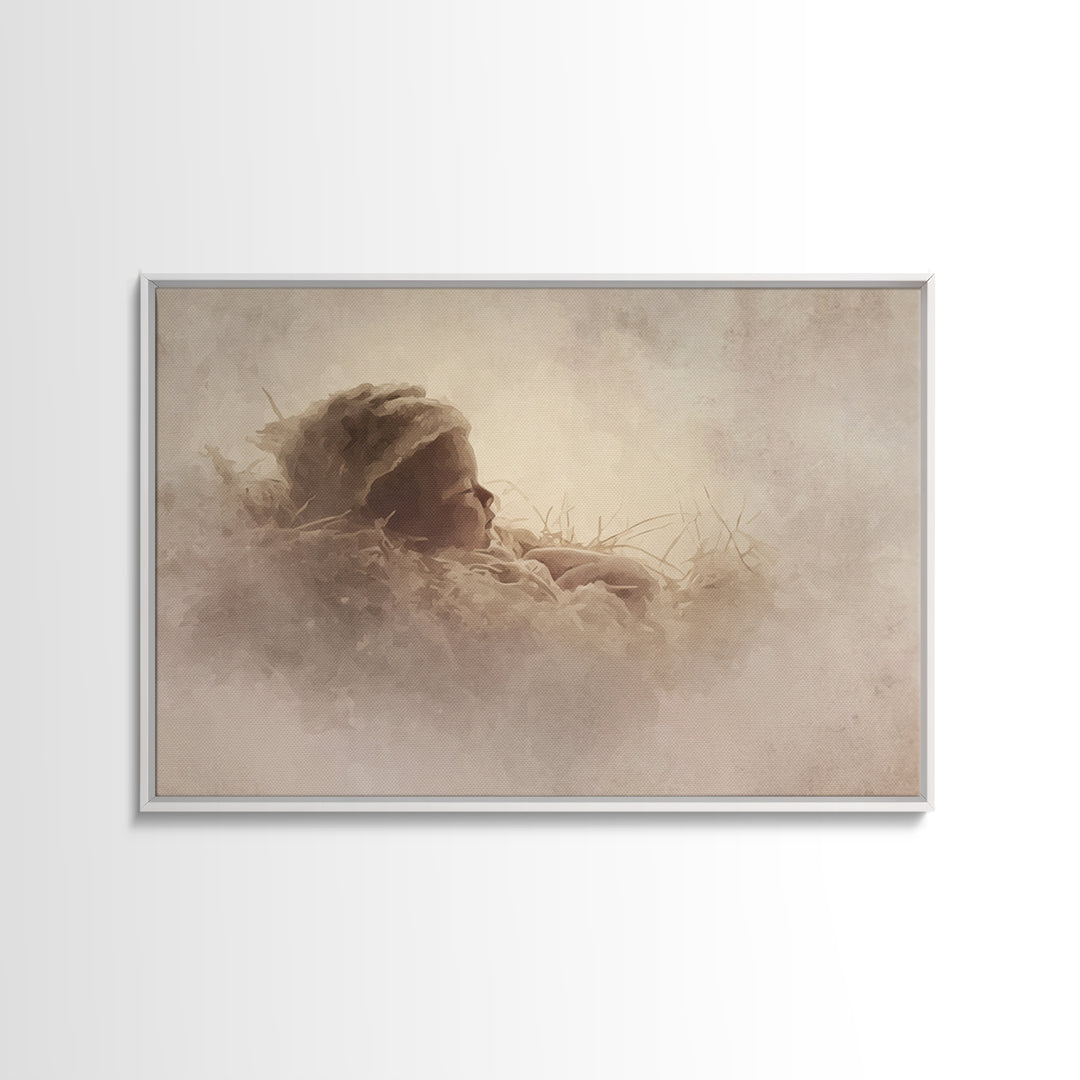 Silent Nativity Glow, Framed Canvas Print, Christian Christmas Art, Birth Of Jesus Painting, Christian Art Print, White Christmas Art, Chri