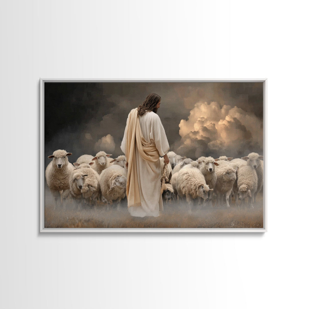 Guiding Shepherd Light, Framed Canvas Print, Christian Art Canvas, Large Jesus Painting, Moody Christian Art, Christian Wall Art, Christian