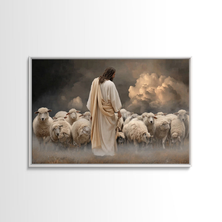 Guiding Shepherd Light, Framed Canvas Print, Christian Art Canvas, Large Jesus Painting, Moody Christian Art, Christian Wall Art, Christian