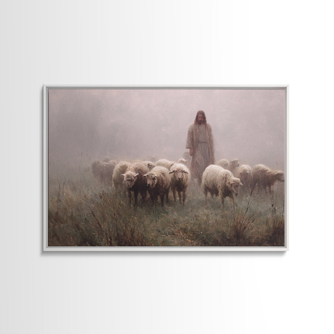 Misty Flock Dawn – Framed Canvas Print – Christian Paintings – Jesus Art Print – Pastoral Scenery – Modern Christian Art – Christian Wall A