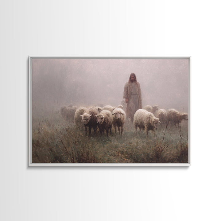 Misty Flock Dawn – Framed Canvas Print – Christian Paintings – Jesus Art Print – Pastoral Scenery – Modern Christian Art – Christian Wall A