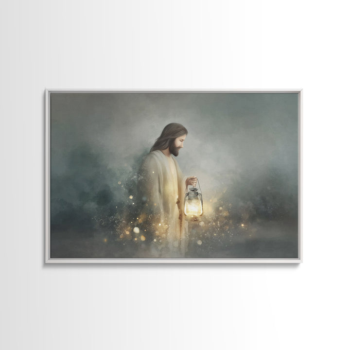 Guiding Lantern Light – Framed Canvas Print – Christian Wall Art – Jesus Painting – Christian Art Canvas – Christian Christmas Art – Modern