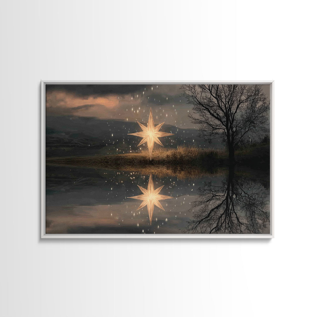 Guiding Star Glow – Framed Canvas Print – Christian Wall Art – Christian Christmas Art – Jesus Painting – Modern Christian Art – Christmas