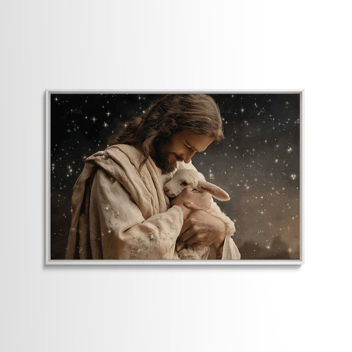 Starry Night Shepherd, Framed Canvas Print, Jesus Wall Art, Christian Art Canvas, Christian Wall Art, Christian Gift, Moody Christian Art