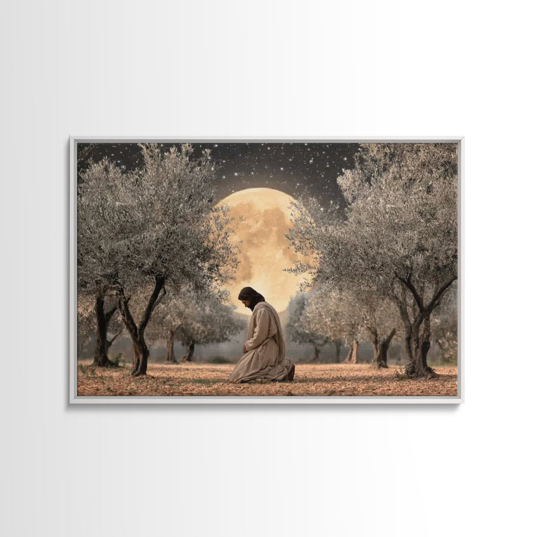 Moonlit Devotion - Framed Canvas Print - Christian Art Canvas - Jesus Painting - Christian Wall Art - Christian Christmas Art