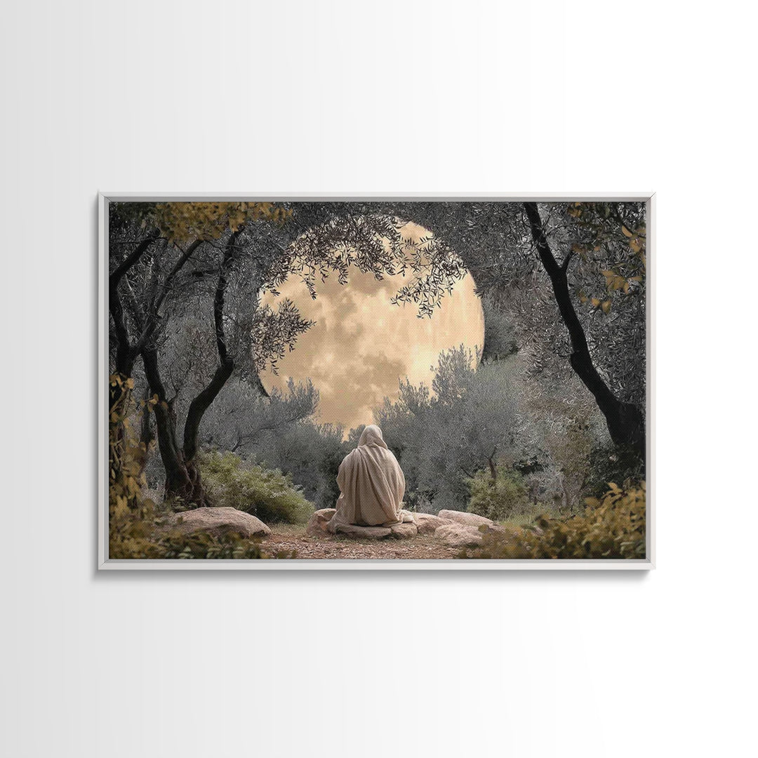 Moonlit Garden Prayer – Framed Canvas Print – Christian Wall Art – Christian Art Canvas – Jesus Painting – Moody Christian Art – Christian