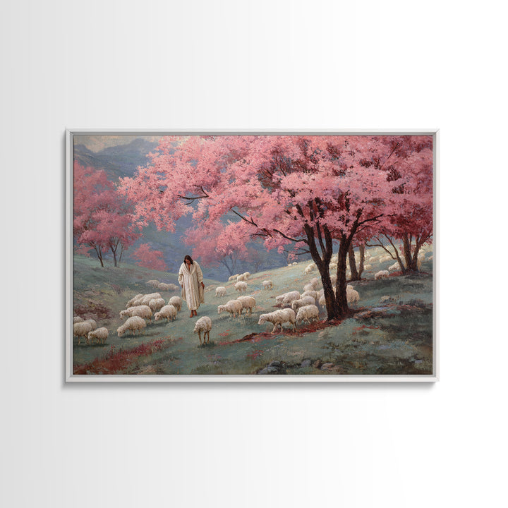 Spring Shepherd Path - Framed Canvas Print - Jesus Painting - Christian Wall Art - Christian Art Canvas - Vintage Christian Art