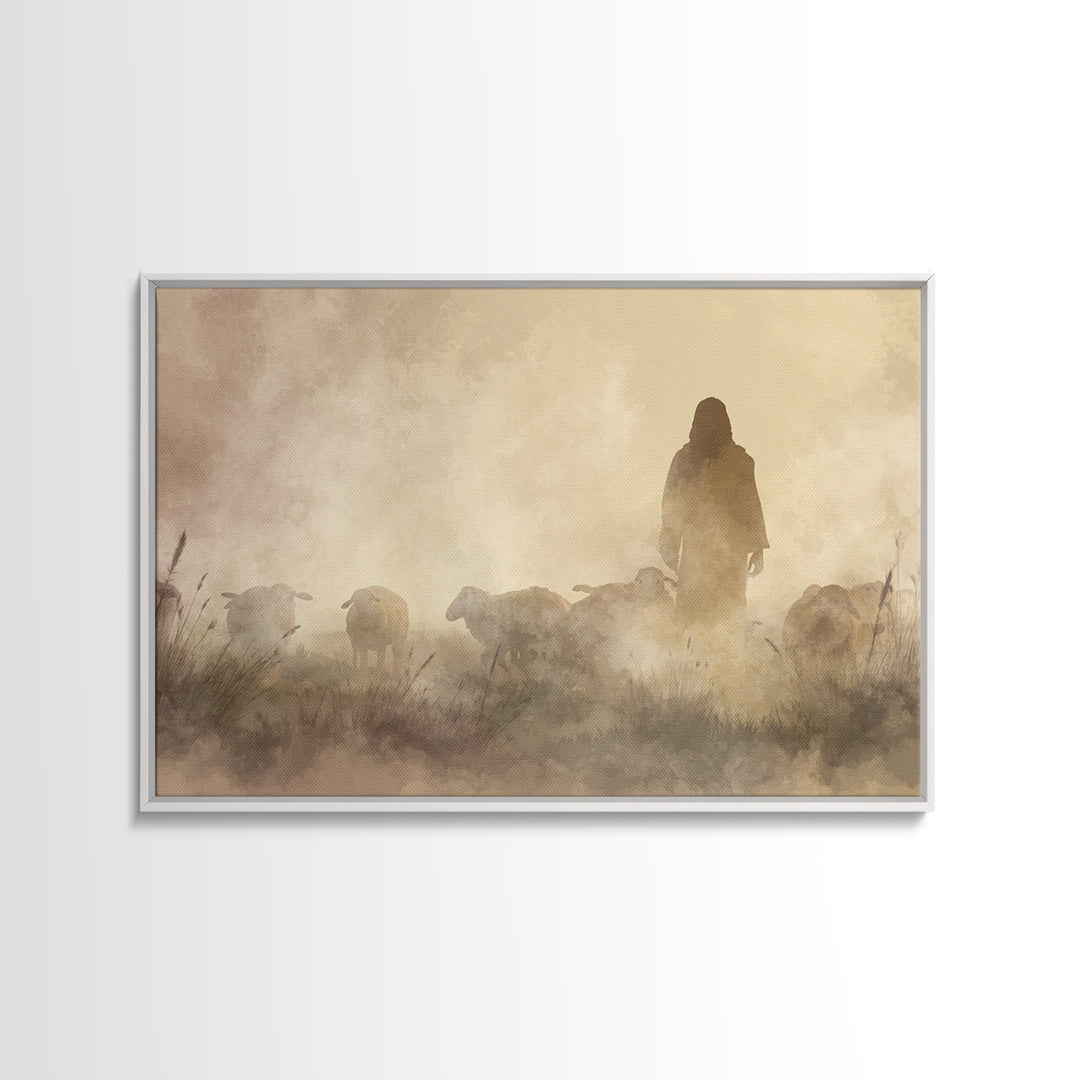 Misty Shepherd – Framed Canvas Print – Christian Wall Art – Jesus Painting – Christian Art Canvas – Moody Christian Art – Christian Gift Id