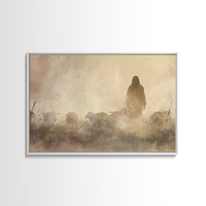 Misty Shepherd – Framed Canvas Print – Christian Wall Art – Jesus Painting – Christian Art Canvas – Moody Christian Art – Christian Gift Id