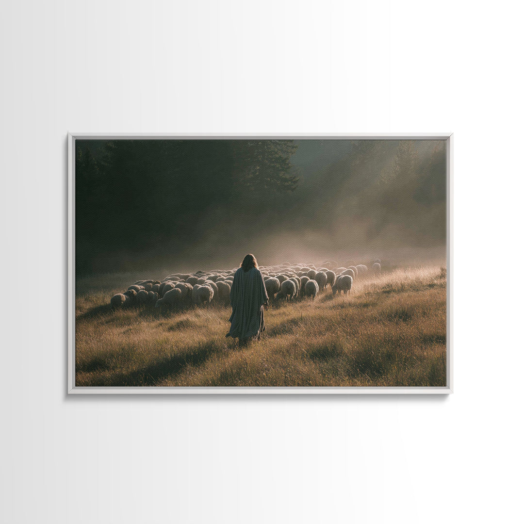 Dawn Flock | Framed Canvas Print | Christian Art Canvas | Jesus Painting | Large Christian Art | Christian Wall Art | Modern Christian Pain